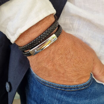 Mens Double Leather Bracelet With Gold And Silver Clasp, 3 of 7