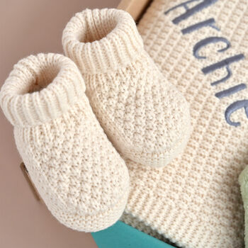 Personalised Ivory Knitted Blanket, Booties And Bunny Comforter Gift Box, 7 of 8