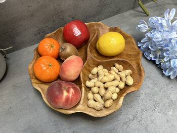 30cm Handcrafted Teak Wooden Triple Fruit Nuts Bowl, 4 of 12