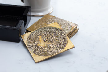 Yoga Themed Coaster Set, Wood And Brass, 5 of 12