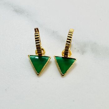 'The Triangle' Green Onyx Hoop Gold Plated Earrings, 3 of 6