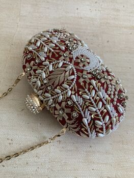 Maroon Handcrafted Embroidered Oval Clutch Bag, 9 of 10