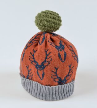 Mens Knitted Lambswool Hat Stag Head Design, 5 of 8