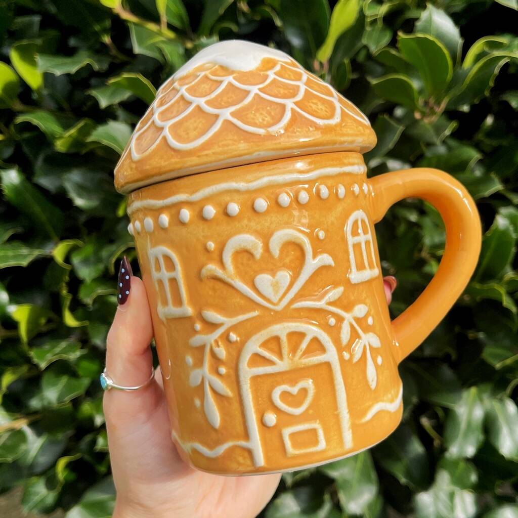 Christmas Ceramic Gingerbread Style Mug With Lid, 1 of 6