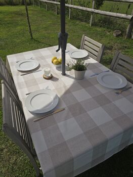 Neutral Gingham Outdoor Tablecloth With Parasol Hole, 5 of 5