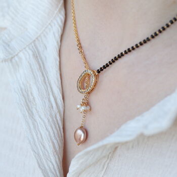 Half Black Bead Gold Plated Oval Pearl Y Shape Lariat Mangalsutra, 3 of 8