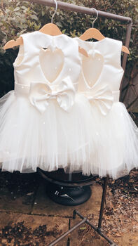 Duchess Satin Flower Girl Dress – Heart Back Tulle Gown Handmade In UK, 5 of 11