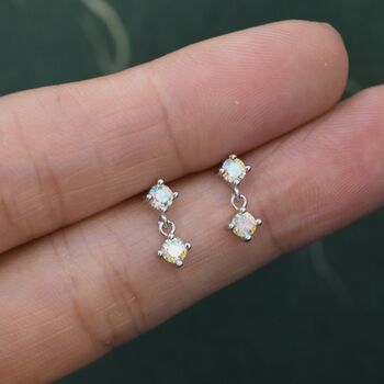 Sterling Silver Tiny Double Aurora Ab Cz Dangle Stud Earrings, 6 of 12