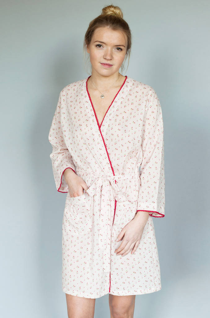 cotton short robe in cherry bud print by caro london