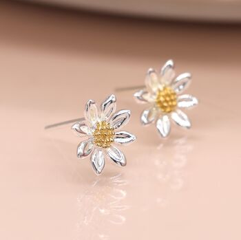 Sterling Silver And Yellow Gold Daisy Flower Stud Earrings, 3 of 8