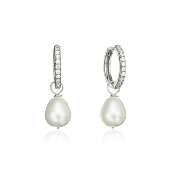 Diamond Style Large Pearl Drop Hoop Earrings, 2 of 11