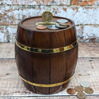 Wooden Birthday Gift; Large Wooden Whiskey Barrel Money Box, 2 of 5