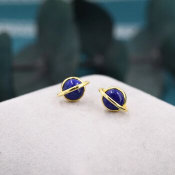 Genuine Blue Lapis Lazuli Planet Stud Earrings, 2 of 11