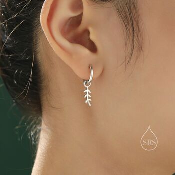 Sterling Silver Delicate Leaf Charm Huggie Hoop Earrings, 2 of 10