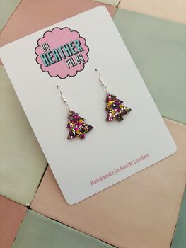 Purple And Gold Christmas Tree Glitter Earrings / Stocking Filler / Santa Present, 8 of 10