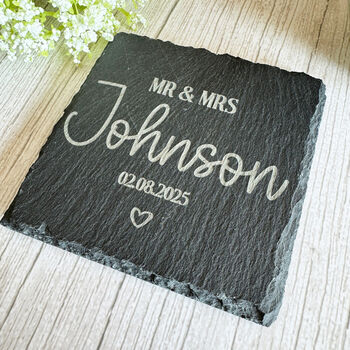 Personalised Slate Wedding Coaster Mr And Mrs Gift, 3 of 7