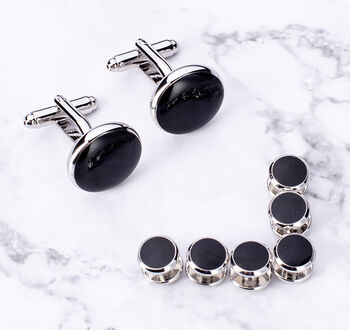 Six Black Dress Shirt Tuxedo Studs And Cufflink Set, 2 of 4