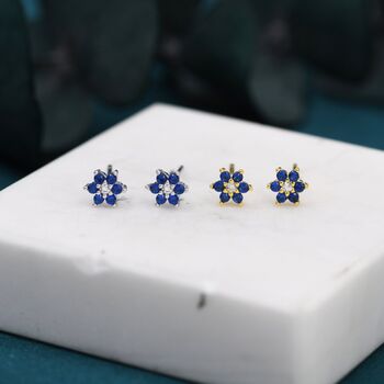 Sapphire Blue Cz Flower Stud Earrings Sterling Silver, 6 of 11