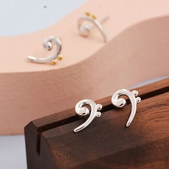 Bass Clef Music Note Stud Earrings In Sterling Silver, 6 of 11