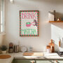 Drink Matcha Pink Green Checked Hand Painted Kitchen Print, thumbnail 3 of 6