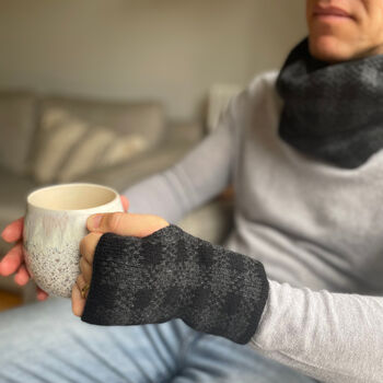 Mens Checked Knitted Lambswool Fingerless Mittens, 5 of 5