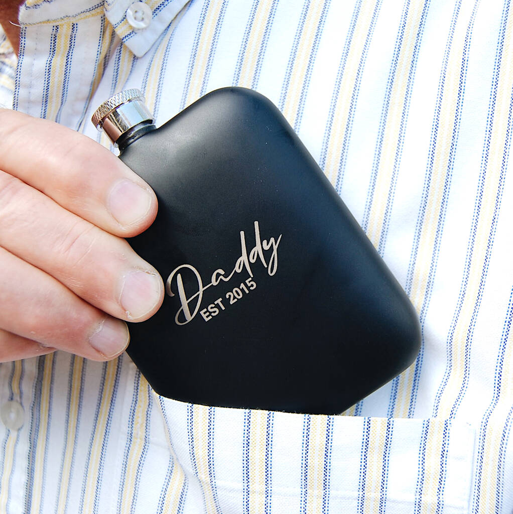 Daddy Est. Personalised Black Hip Flask, 1 of 3
