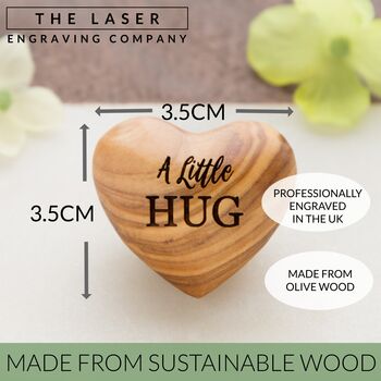 Personalised Name Heart, Name Token, Olive Wood Hug, 6 of 8