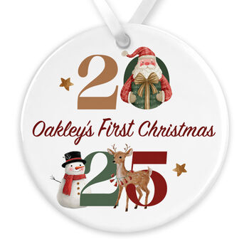 Personalised 2025 Baby's First Christmas Ceramic Bauble In Red, Pink Or Blue, 4 of 9