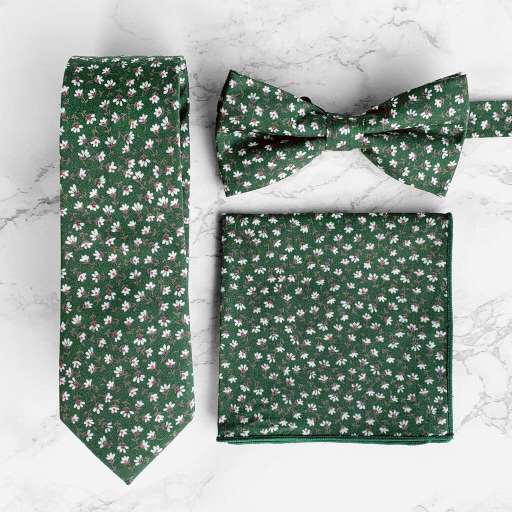 Wedding Handmade 100% Cotton Floral Print Tie In Green, 1 of 4