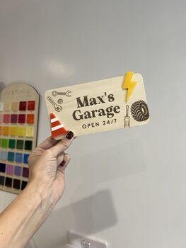 Personalised Wooden Car Garage Playroom Sign Montessori Pretend Play Accessory, 7 of 7