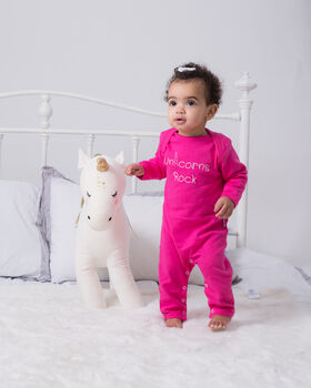 Baby Sleepuit, Unicorns Rock, Pink Babygrow, Baby Gift, 5 of 6
