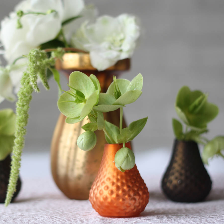 metallic copper, bronze and gold bud vases set of five by the wedding
