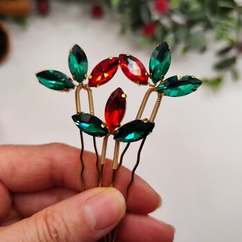 Christmas Red And Green Crystal Hair Pin Set Of Three, 4 of 12