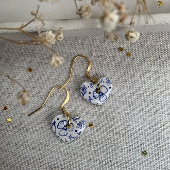 Blue Floral Ceramic Heart Earrings Dainty Handmade Earrings, 7 of 7