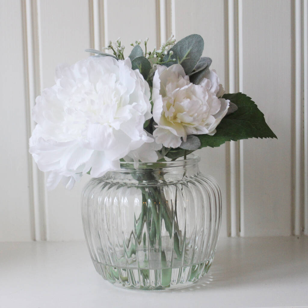 Artificial White Peony Arrangement In Ribbed Glass Vase By Lime Tree
