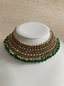 Indian Gold Plated Emerald Green Pearl Choker Set, 6 of 8