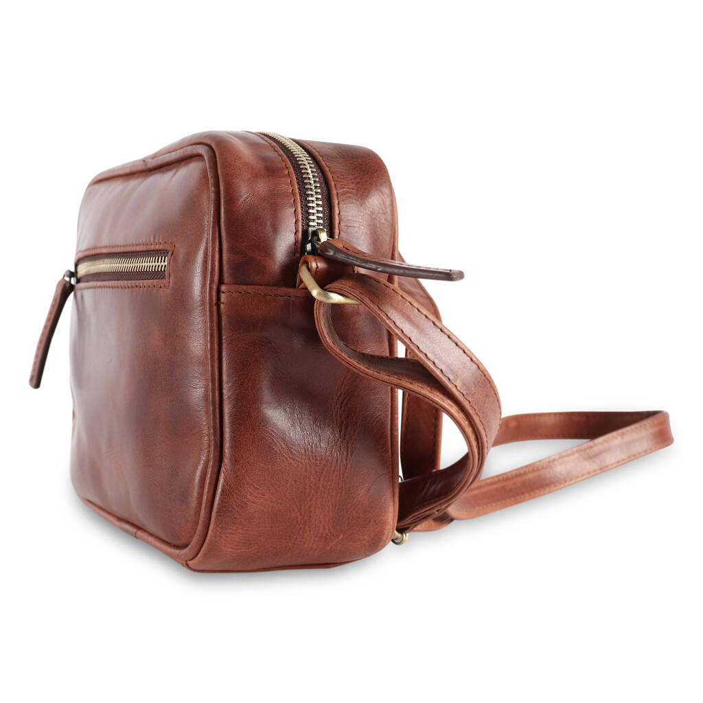leather camera cross body bag, distressed brown by the leather store