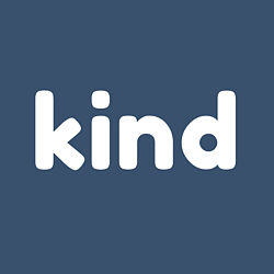 Dark blue square logo with the word 'kind' in bold white lettering