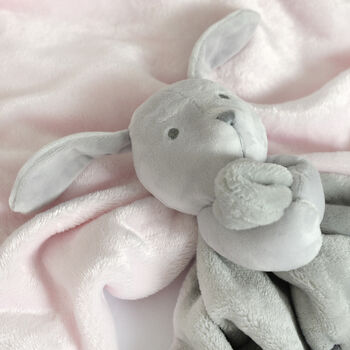 Personalised Grey Bunny Rabbit Unisex Baby Comforter, 5 of 9