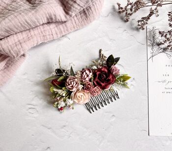 Pink And Burgundy Floral Hair Comb, 3 of 4
