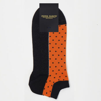Multistripe Black And Polka Orange Men's Trainer Socks, 7 of 8
