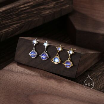 Tiny Moonstone Planet With Starburst Stud Earrings, 2 of 11