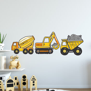 Personalised Set Of Three Diggers Wall Sticker Decor, 4 of 5