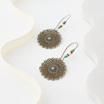 Oxidized Brown Turquoise Boho Flower Drop Earrings, 3 of 3