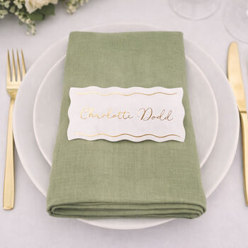 Personalised White Wavy Edge Line Wedding And Event Gold Foiled Place Cards, 2 of 5