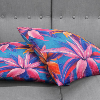 Pink And Orange Flowers On Blue Cushion Cover, 4 of 7