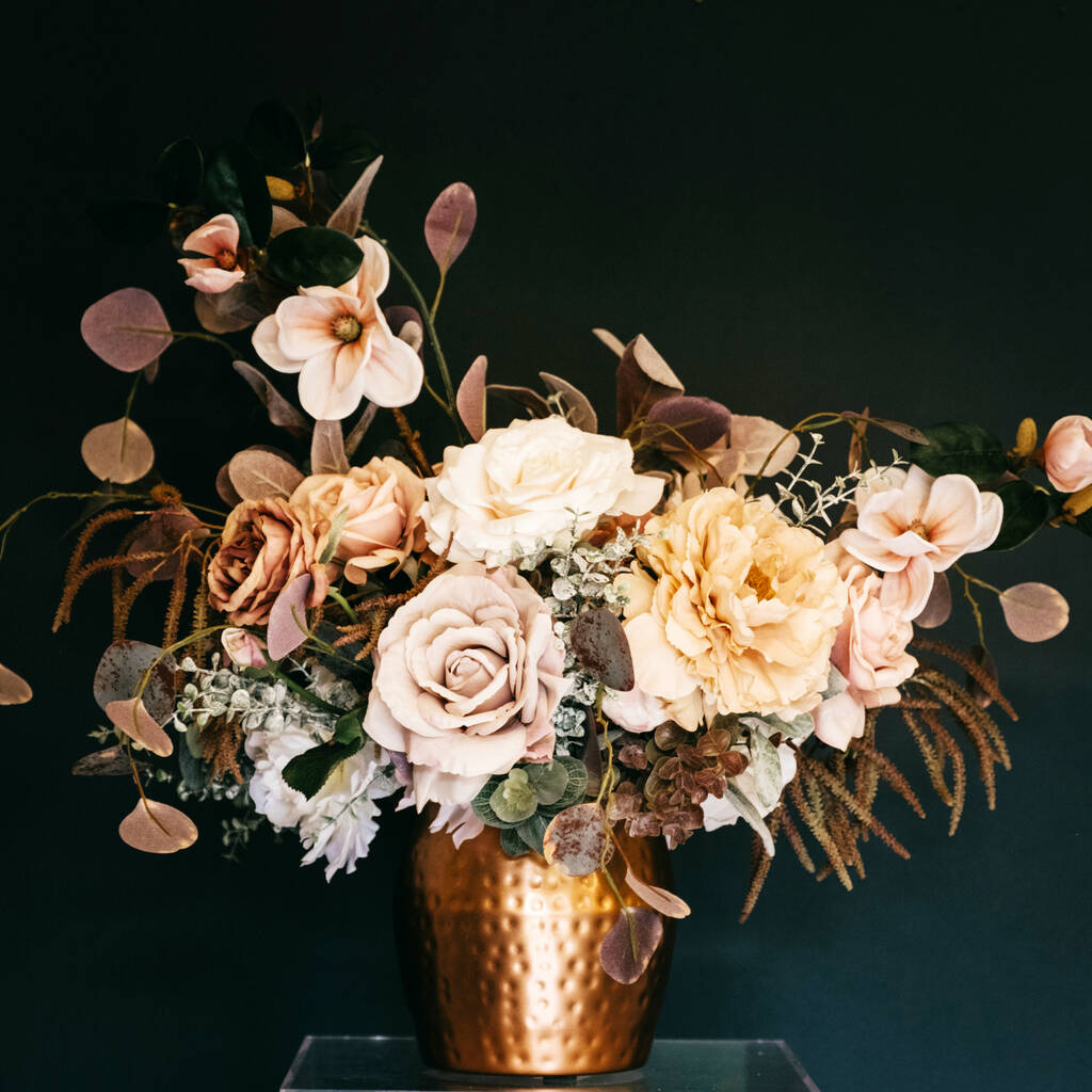 Limited Edition Caramel Silk Flowers In Copper Pot By Objet Dahlia