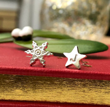 Personalised Mismatched Snowflake Initial Star Earrings, 7 of 12