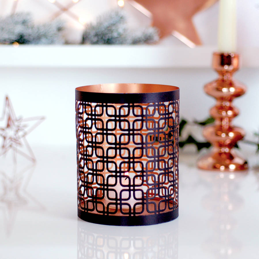 60's Zinc Copper Geometric Candle Holder Lantern By The Luxe Co