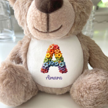 Personalised Flower Alphabet Brown New Baby Teddy Bear, 4 of 5